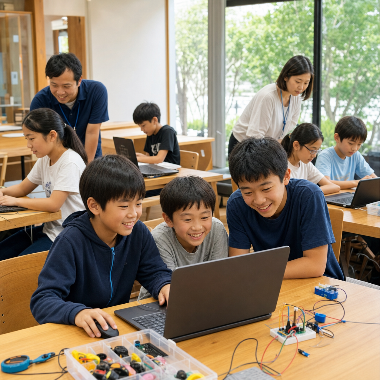 小中高生が大人のメンターに見守られながらプログラミングや電子工作を楽しむ活動イメージ